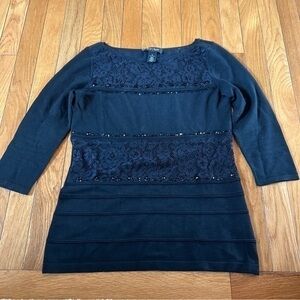 White House Black Market Beaded Lace Detail Sweater Top 3/4 sleeve Size XS